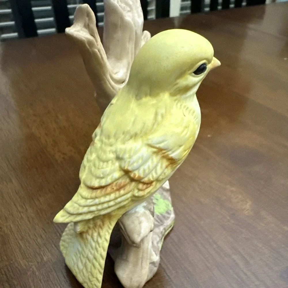 Yellow Bird Canary Finch On Branch W/ Flower Bisque Porcelain Figurine‎ 1980s